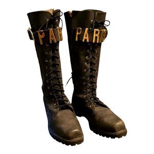 Leather Combat Boots Sz 9.5 Gold PARIS Buckle Laced Lug Customized Military Zip